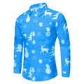 Blue long sleeve Christmas shirt featuring snowmen, reindeer, and trees in a festive print. Ideal for holiday parties.