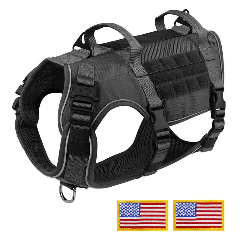 Durable tactical dog harness in black nylon for medium to large dogs with handles for training and outdoor activities.