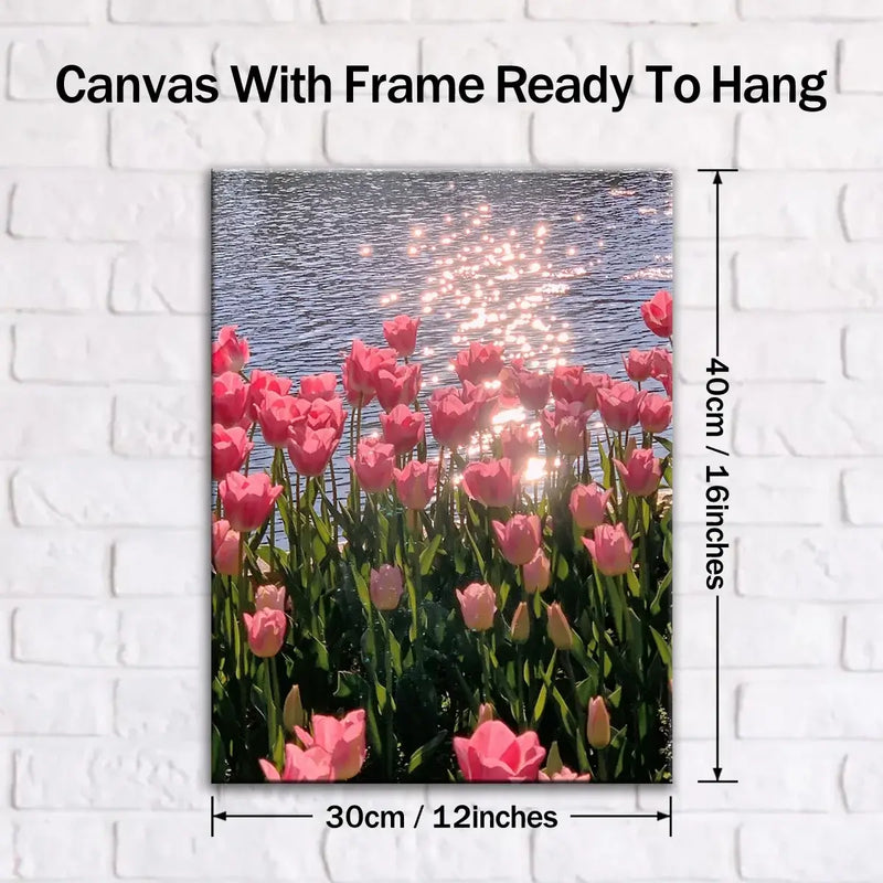 Framed canvas poster of pink tulips with sparkling water, perfect home decor for living rooms, bedrooms, and offices.