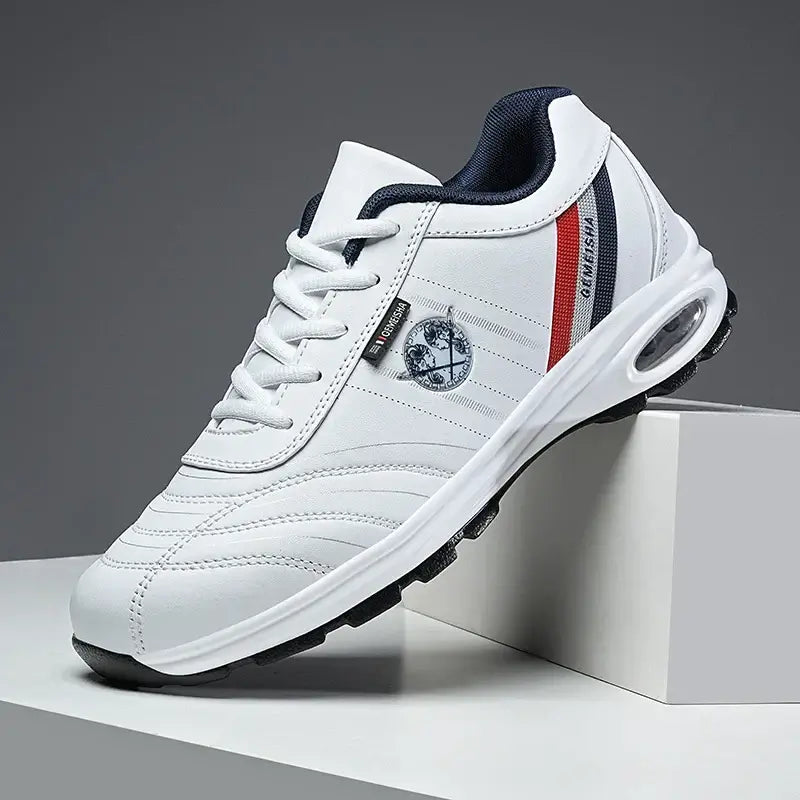 Men's breathable luxury trainer sneakers in white, featuring lace-up closure and stylish design.