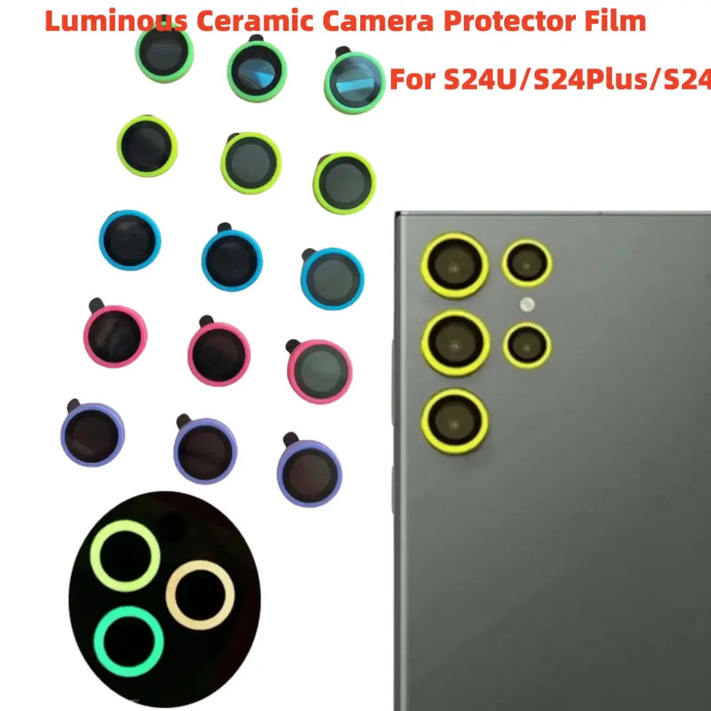 Luminous ceramic camera lens protector set for Samsung Galaxy S24 Ultra, featuring scratch-resistant rings in multiple colors.