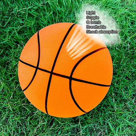 Light orange basketball with text highlighting its lightweight, supple, breathable, and shock-absorption features on green grass.