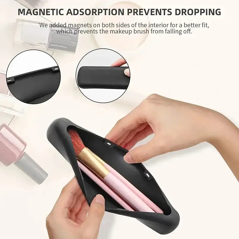 Hands holding a silicone makeup brush holder with magnetic adsorptions to prevent brushes from falling.