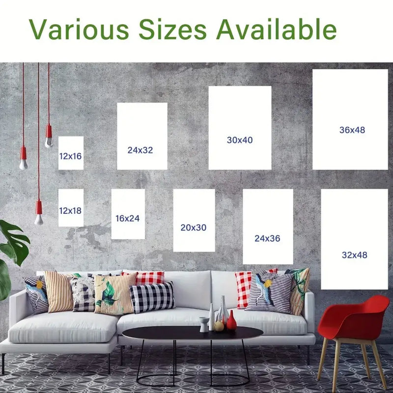 Image showcasing various frame sizes available for home decor, displayed on a modern wall with cozy couch.