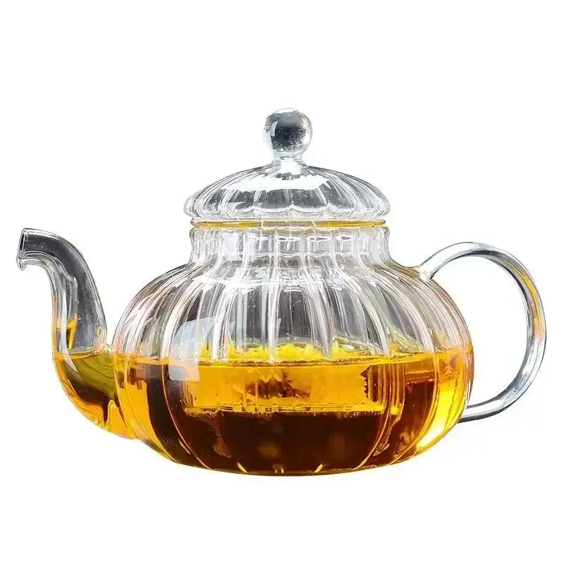 600ml striped pumpkin-shaped glass teapot with infuser, heat-resistant for herbal teas, showcasing clear design and golden tea.