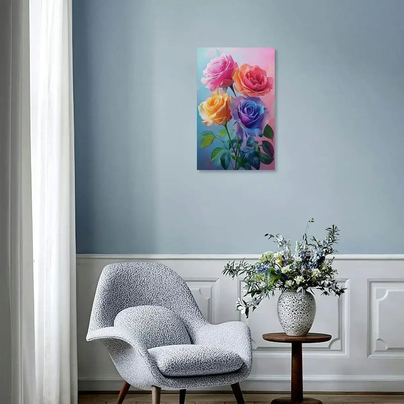 Colorful rose canvas painting hanging on a blue wall above a stylish chair and table with flowers.