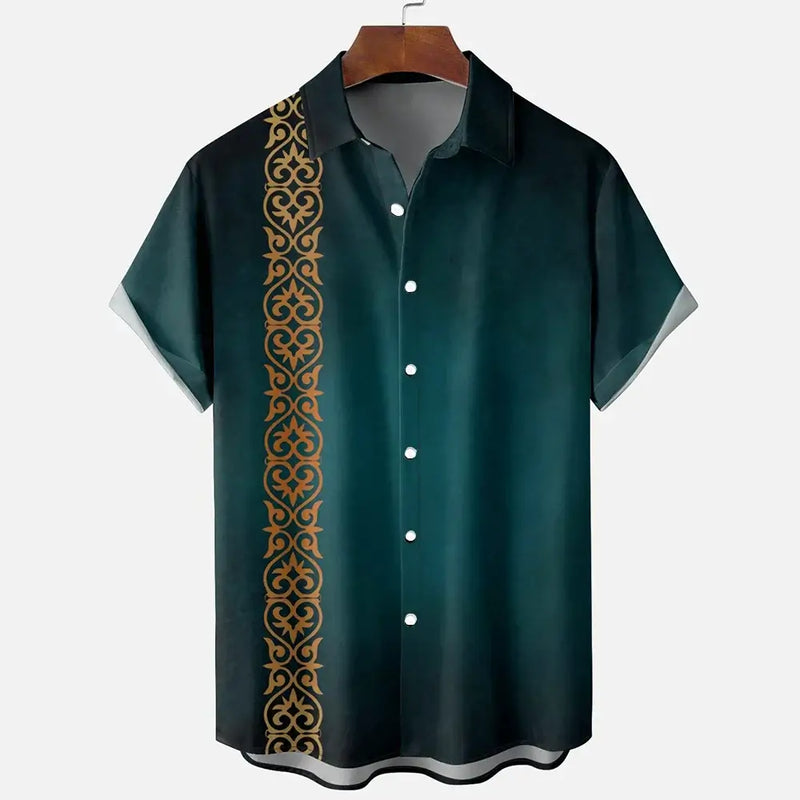 Men's casual short sleeve shirt featuring a teal design with gold patterns, perfect for summer outings.