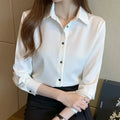 Satin women's white long sleeve blouse with buttons, perfect for casual and office wear in spring/summer.