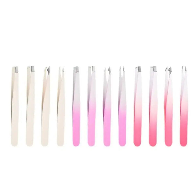 Set of stainless steel eyebrow tweezers with flat and slant tips in gradient pink and white colors.