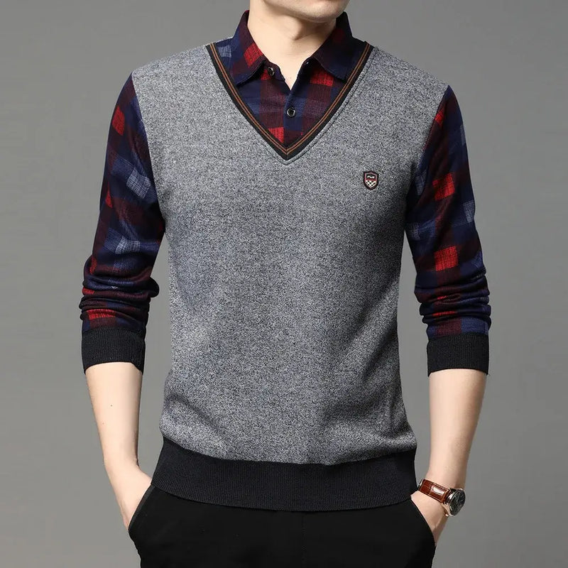 SHiONFA Autumn Winter Men's Long Sleeve Sweater with Fake Two Pieces Design, V-Neck and Casual Style.