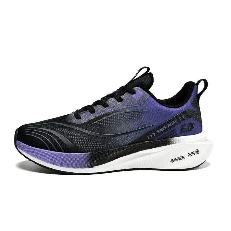 Men's breathable lightweight running shoes with carbon plate in black and purple color for comfortable athletic performance.