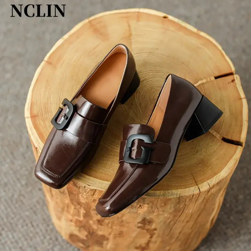 Brown chunky heel women's loafers with square toe and belt buckle by NCLIN, perfect for spring and autumn.