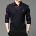 SHiONFA men's autumn winter long sleeve sweater shirt, V-neck, casual style, thick knitted fleece pullover, black and plaid design.