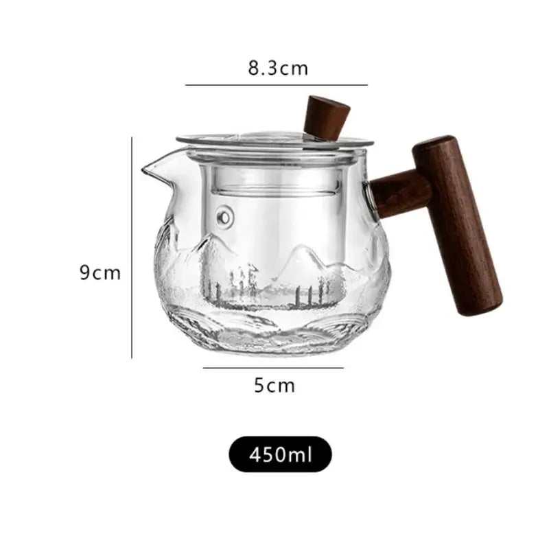 450ml heat resistant glass teapot with wooden handle, measuring 8.3cm x 9cm x 5cm, ideal for brewing flower tea.