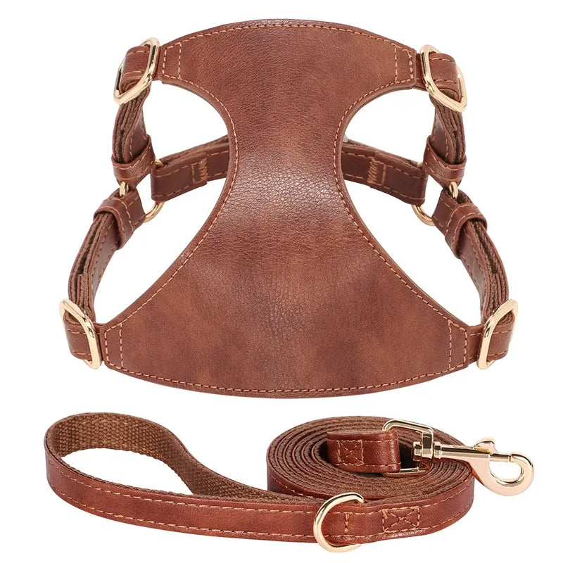 Brown PU leather dog harness with leash for small medium dogs, adjustable design, soft and durable, ideal for walking.