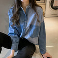 Spring women's denim shirt with loose fit, long sleeves, and patchwork design, perfect for casual wear.