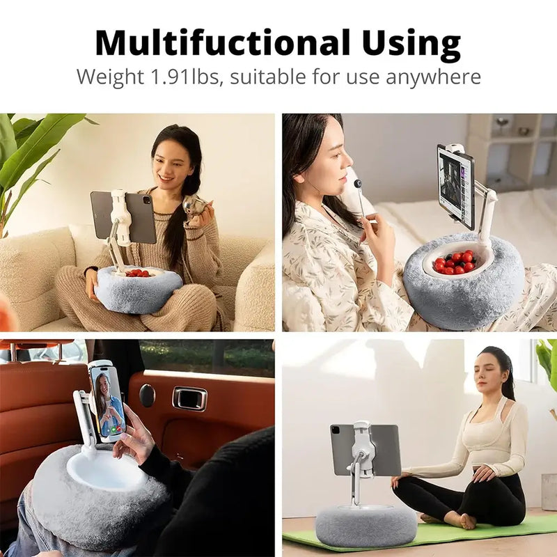 Plush pillow mobile phone and tablet holder, adjustable for binge-watching, video chats, and multifunctional use.