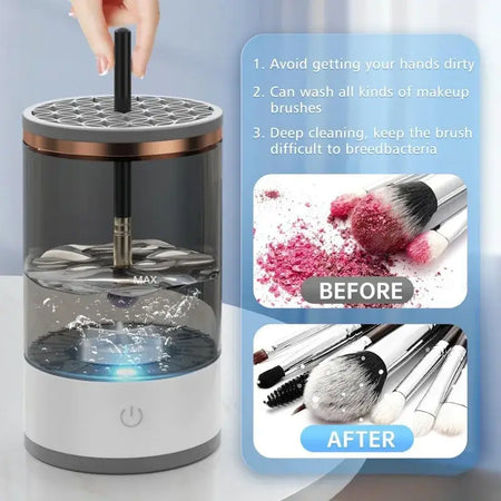 3-in-1 electric makeup brush cleaner and spinner, safely cleans all brush types, showing before and after results.