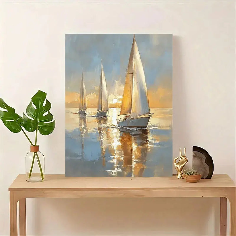 Charming sailing boat canvas art in soft pastels, framed in wood, ideal for home decor and unique gifts.