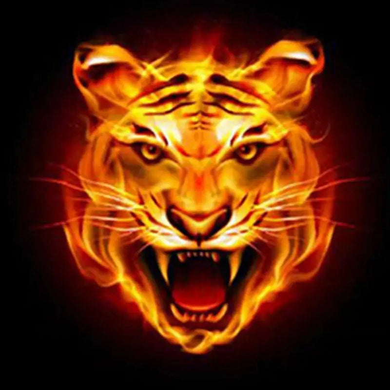 Fiery tiger head illustration with glowing orange and yellow flames on a dark background.