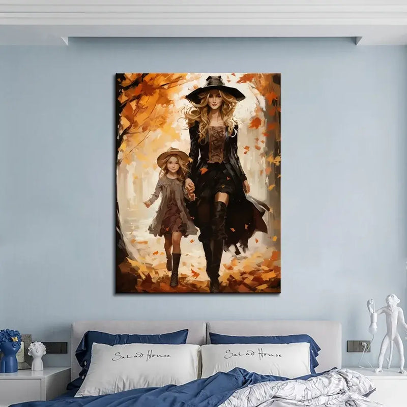 Cute witch decor featuring a woman and girl walking through autumn, perfect for gothic aesthetic bedroom decor.