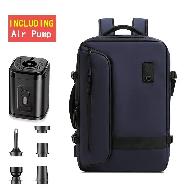 Men's fashion casual backpack with air pump, waterproof design, and expandable storage for travel.