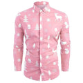 Men's long sleeve casual shirt featuring a festive pink Christmas theme with snowmen, trees, and reindeer.