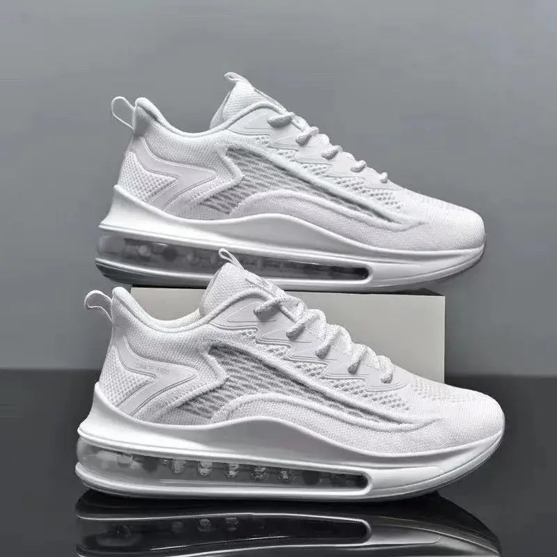 White leisure sneakers with cushioned air sole, breathable mesh upper for men, perfect for spring and autumn casual wear.