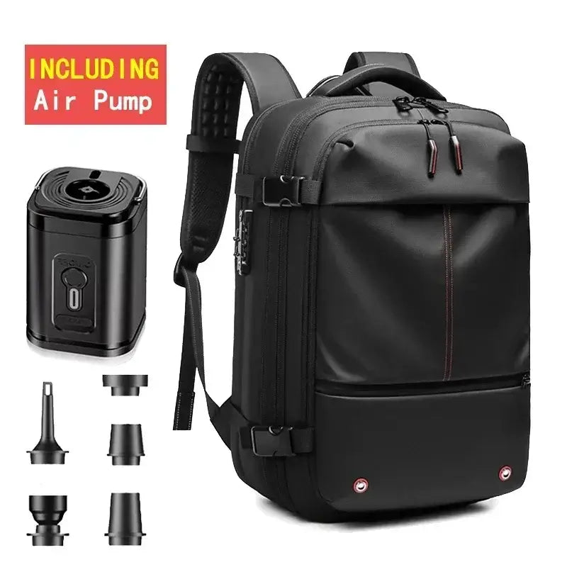 Men's casual travel backpack with vacuum pump and expandable storage. Ideal for 17in laptops and waterproof.