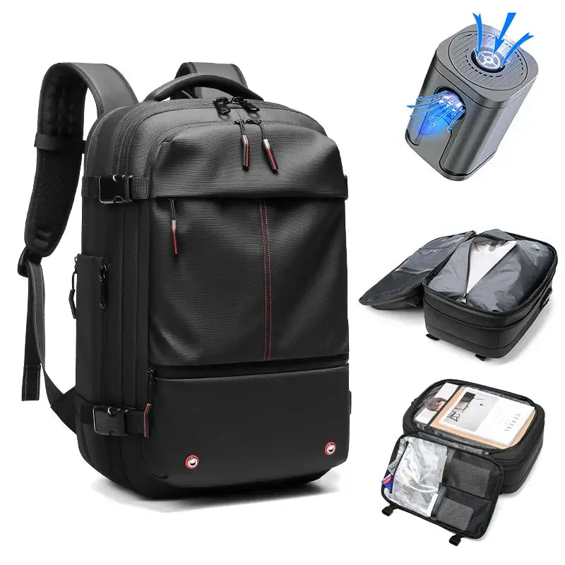 Large capacity men's travel backpack with vacuum compression, compartments for 17-inch laptop and accessories.