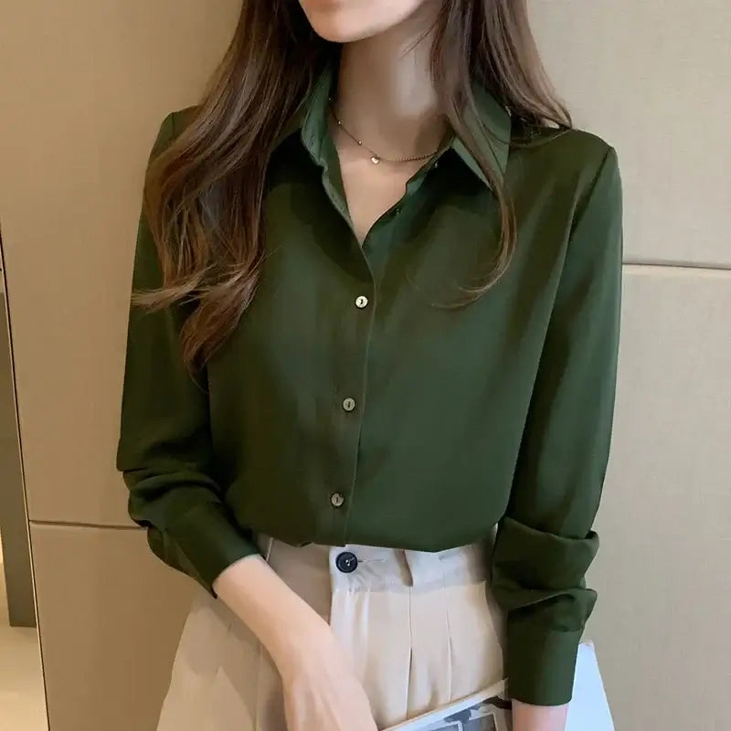 Slim-fit long sleeve green blouse for women, perfect for office or casual wear in spring and summer.