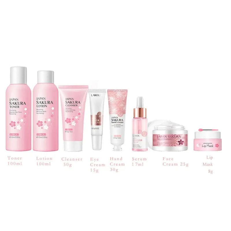 LAIKOU 8Pcs Sakura Face Skin Care Set Moisturizing Nourishing Serum Soothing Whitening Repairing Anti-Wrinkle Beauty Makeup Set