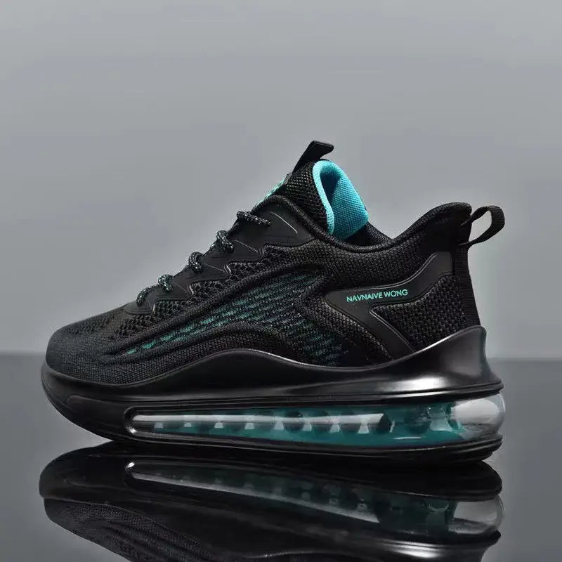 Black and teal breathable mesh men's leisure sneakers with cushioned sole, perfect for spring and autumn running.