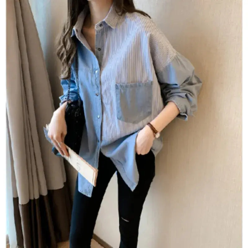 Casual women's denim shirt featuring a loose fit, long sleeves, and patchwork design for a stylish Korean look.