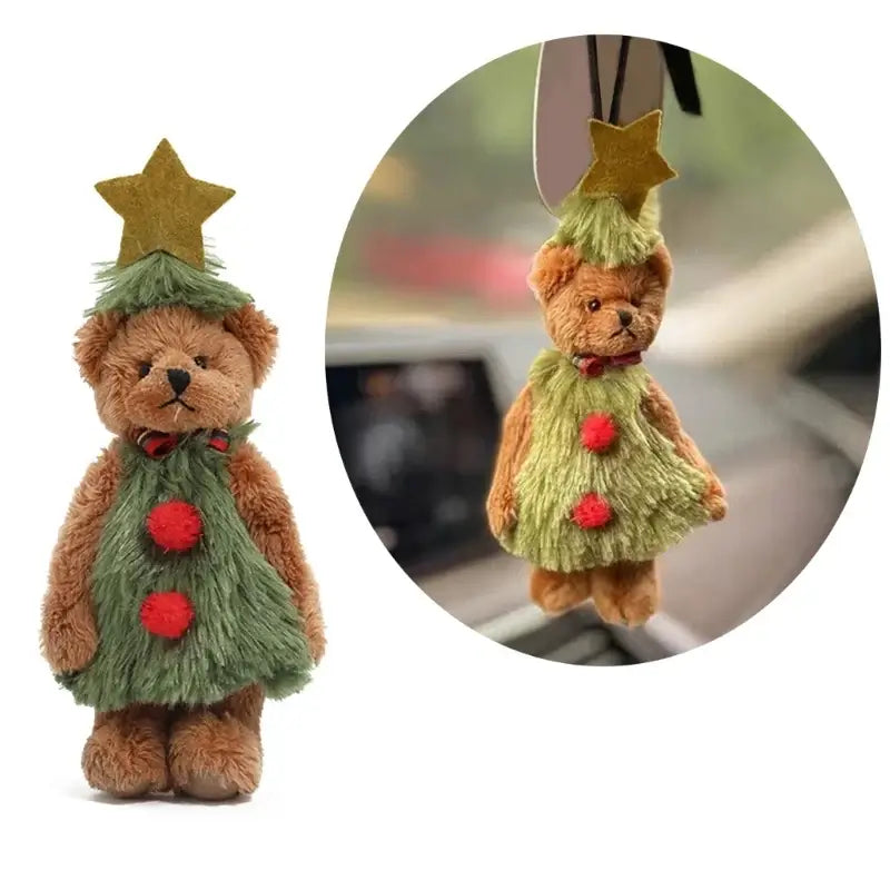 Christmas bear plush toy wearing a festive tree costume with star, ideal for holiday decor and gifting.