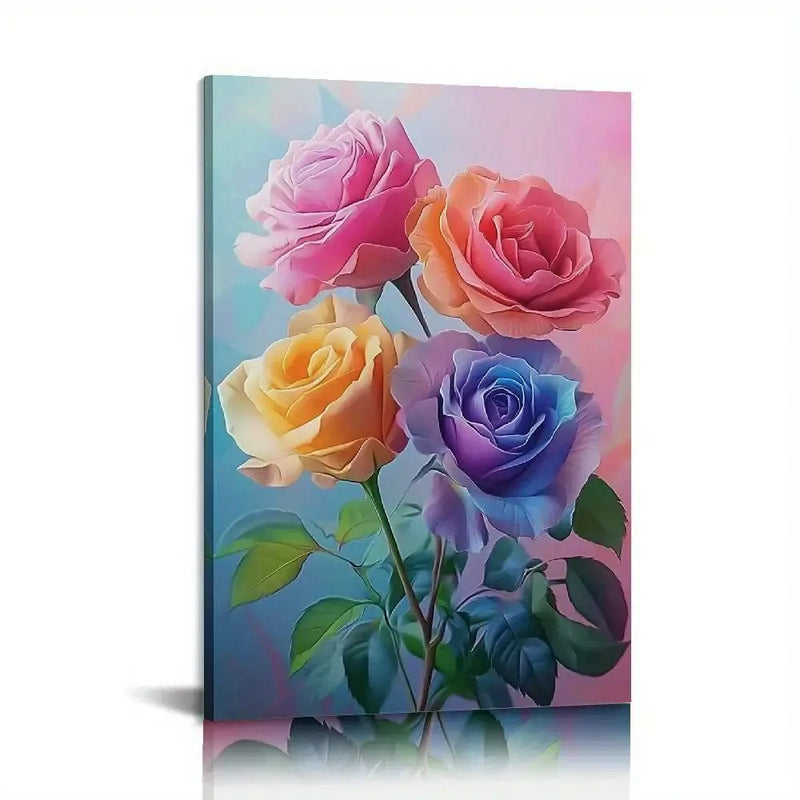 Vibrant canvas painting of multi-colored roses in a soft pastel background, perfect for home decor.