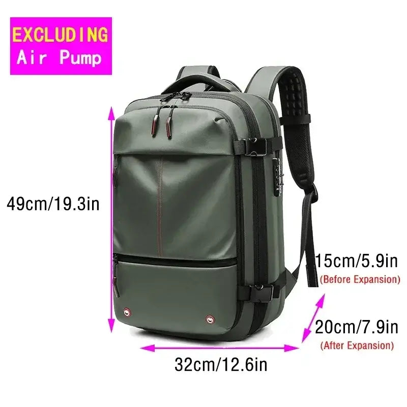 Men's casual backpack dimensions 49cm x 32cm, expandable design, waterproof material, excluding air pump.