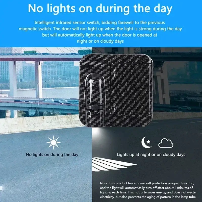 Image showing car door welcome light with infrared sensor, activates at night or cloudy days, no light during bright daytime.