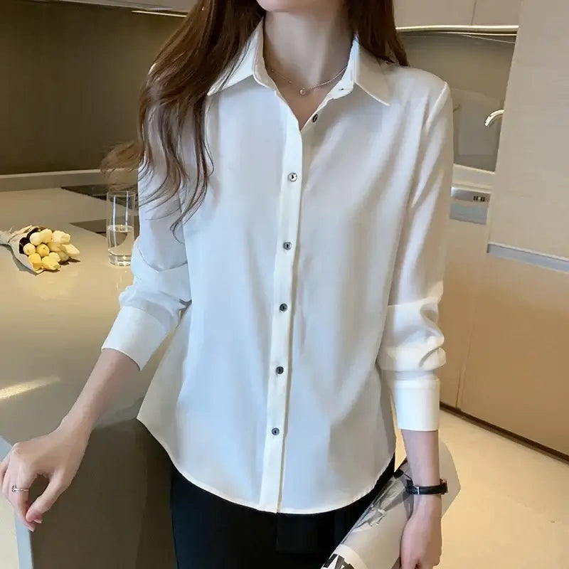 Satin women's long sleeve blouse in white, stylish office wear for casual occasions, featuring a single-breasted design.