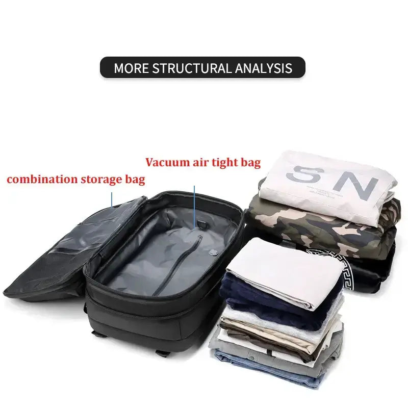 Interior view of a travel backpack showing vacuum airtight bag and combination storage bag for organization.