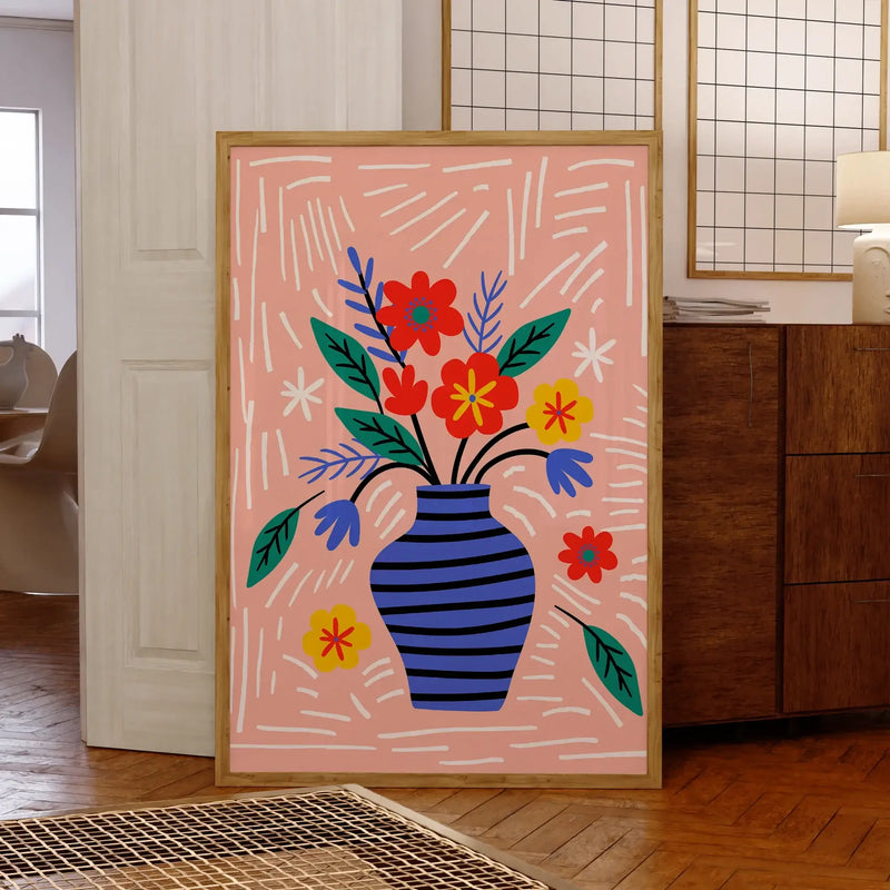 Colorful flower vase artwork on pink background, modern canvas painting ideal for living room home decor.