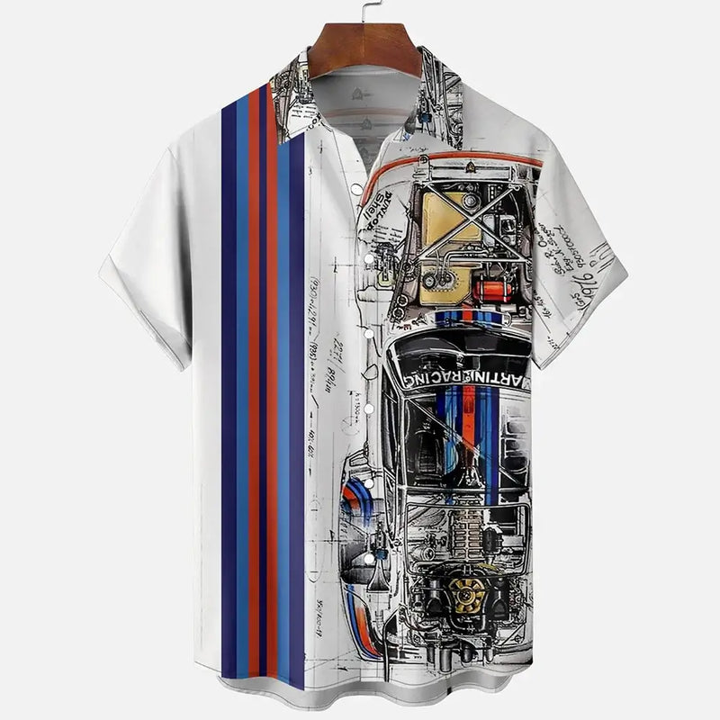 Men's oversized short sleeve Hawaiian shirt featuring 3D printed car graphic design, perfect for casual summer wear.