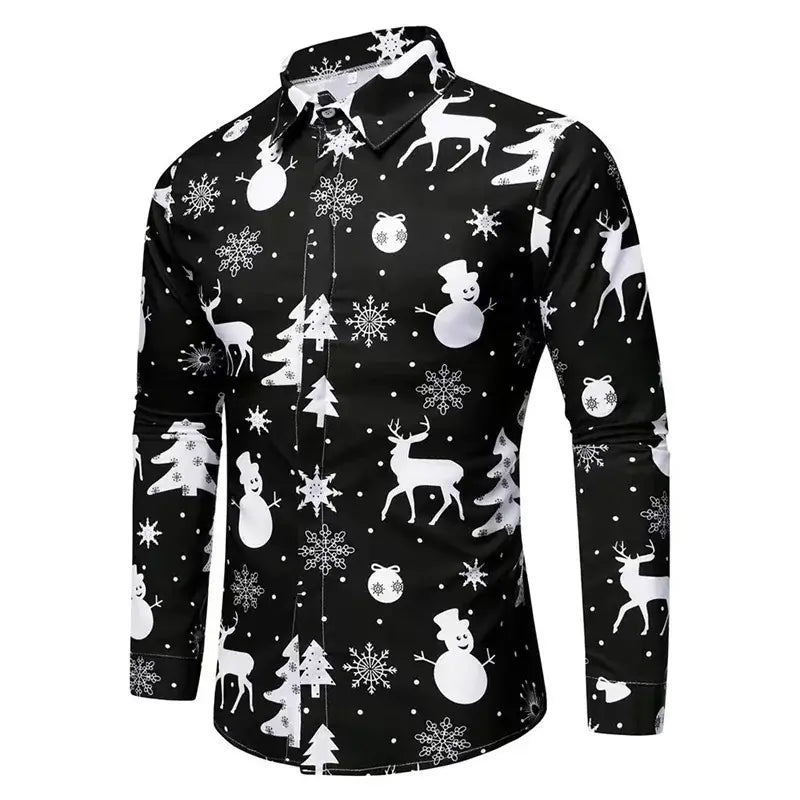 Men's long sleeve Christmas shirt featuring a black design with snowmen, reindeer, and festive trees.