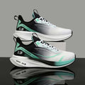 Men's breathable lightweight running shoes with carbon plate and nonskid sole for athletic comfort.