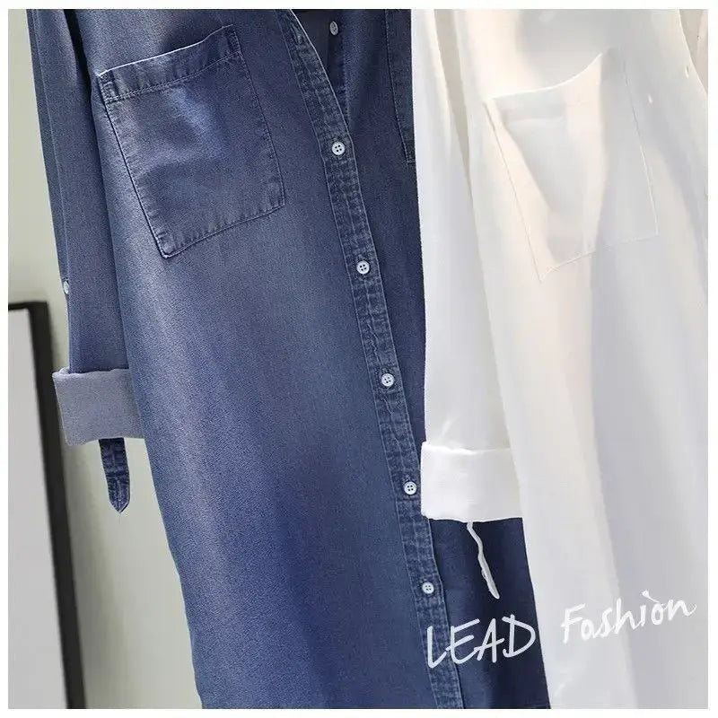 Denim shirt dress and white blouse with rolled sleeves and pockets, perfect for casual all-season wear.