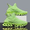 Bright green breathable men's sneakers with unique sole design, perfect for casual wear and sports activities.