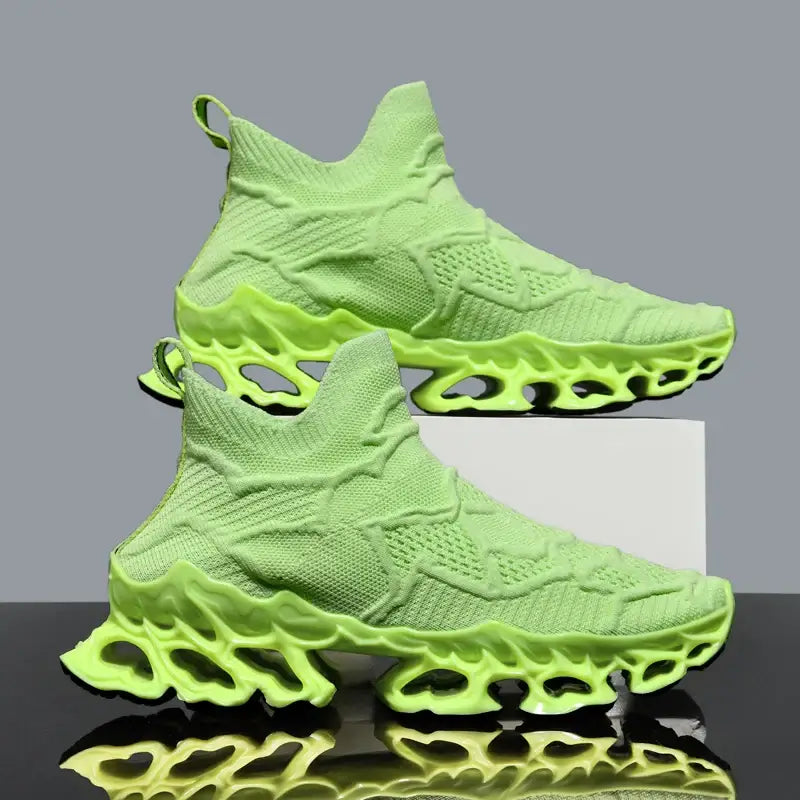 Bright green breathable men's sneakers with unique sole design, perfect for casual wear and sports activities.