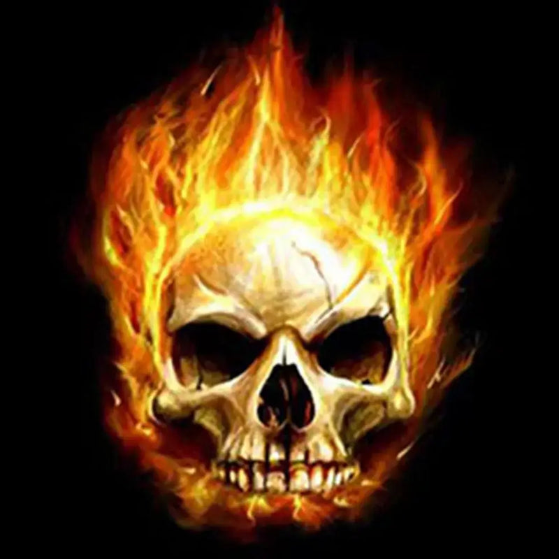 Fiery skull graphic with flames on a black background, representing intensity and danger.