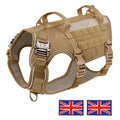 Tactical military dog harness in khaki, designed for medium to large dogs, featuring sturdy handle and adjustable straps.