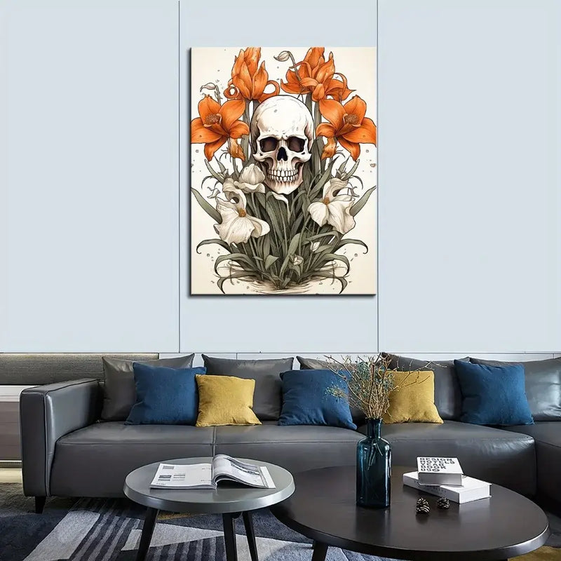 1.5 inch solid wood frame artwork featuring a skull surrounded by scary vines and orange flowers, perfect for home decor.